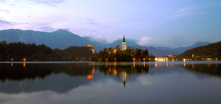 Nighttime view of the island and church, Lake Bled, Slovenia. Photograph by Graham Soult