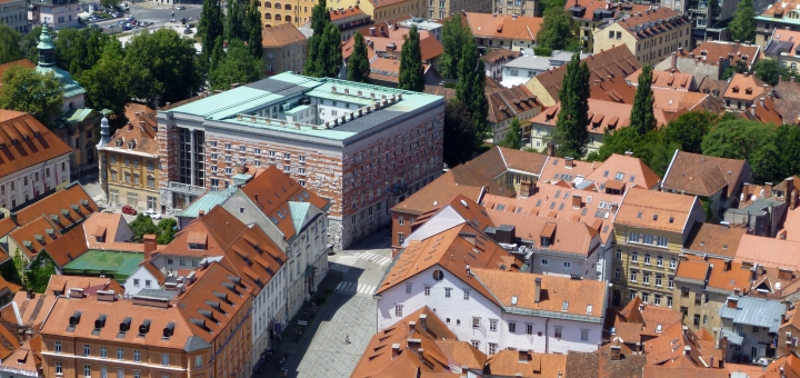 View from Ljubljana Castle with Plecnik Library. Photograph by Graham Soult