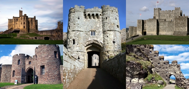 Clockwise from top left: Warkworth, Carisbrooke, Dover, Tintagel and Beeston Castles. Photographs by Mick Bunks